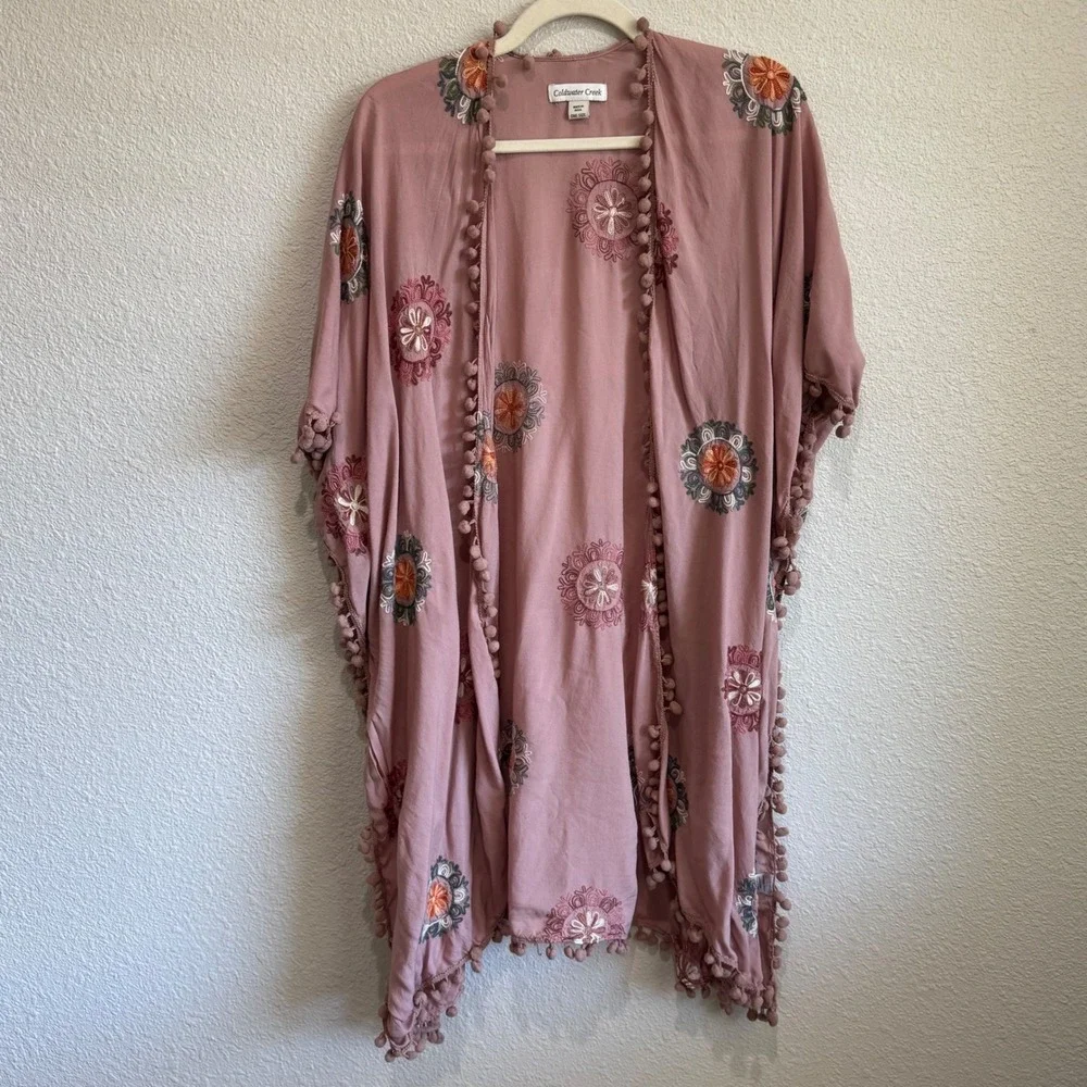 Coldwater Creek Womens Embroidered Mandala Pom Pom Kimono Wrap Cardigan One Size